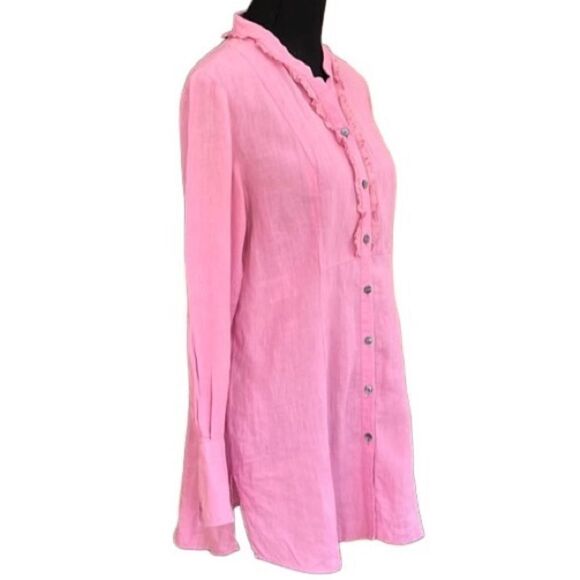J Jill Light Pink 100% Linen Ruffle Yoke Long Sleeve Button Down Tunic Blouse XS - Picture 4 of 7
